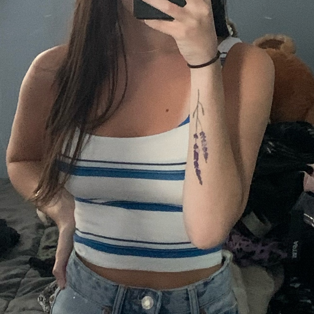 white and blue striped tank top